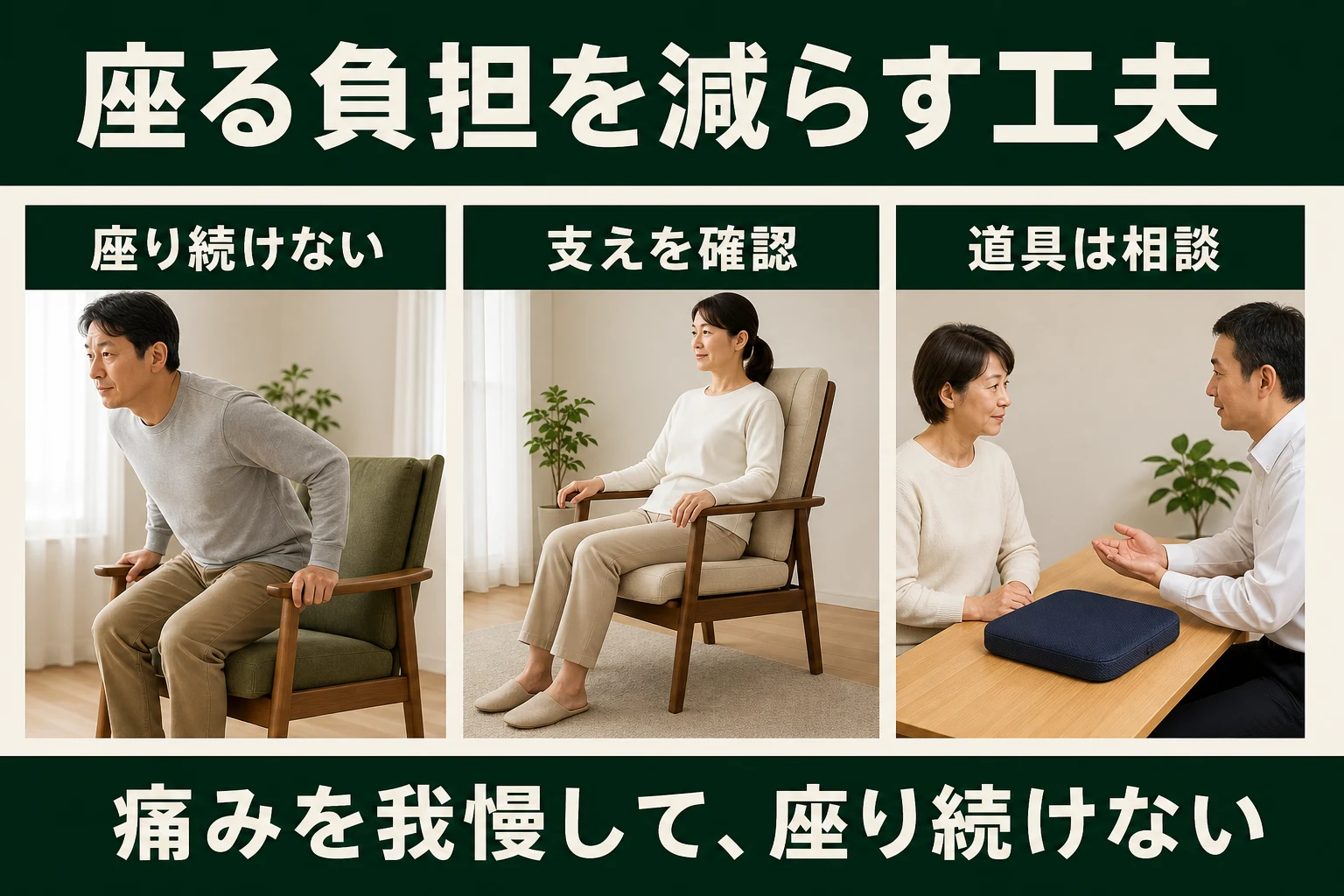 座る負担を減らす工夫。座り続けない、支えを確認、道具は合う物を相談。痛みを我慢して座り続けない。
