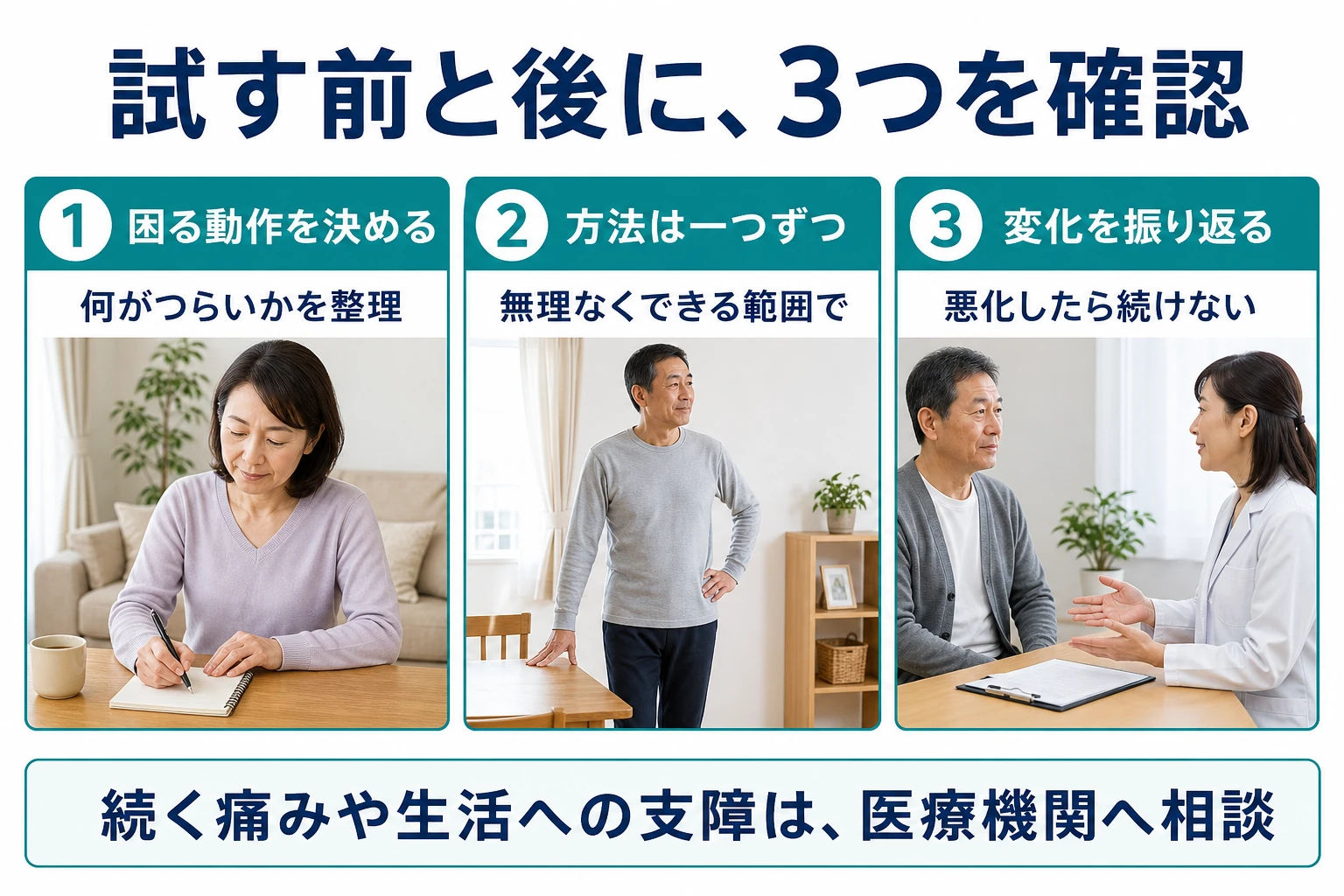 試す前と後に3つを確認。1 困る動作を決める：何がつらいかを整理。2 方法は一つずつ：無理なくできる範囲で。3 変化を振り返る：悪化したら続けない。続く痛みや生活への支障は医療機関へ相談。