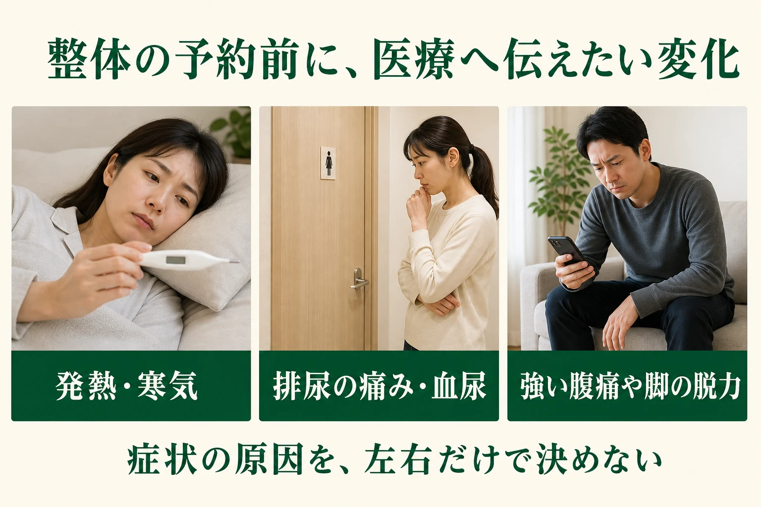 整体の予約前に医療へ伝えたい変化。発熱・寒気、排尿の痛み・血尿、強い腹痛や脚の脱力。