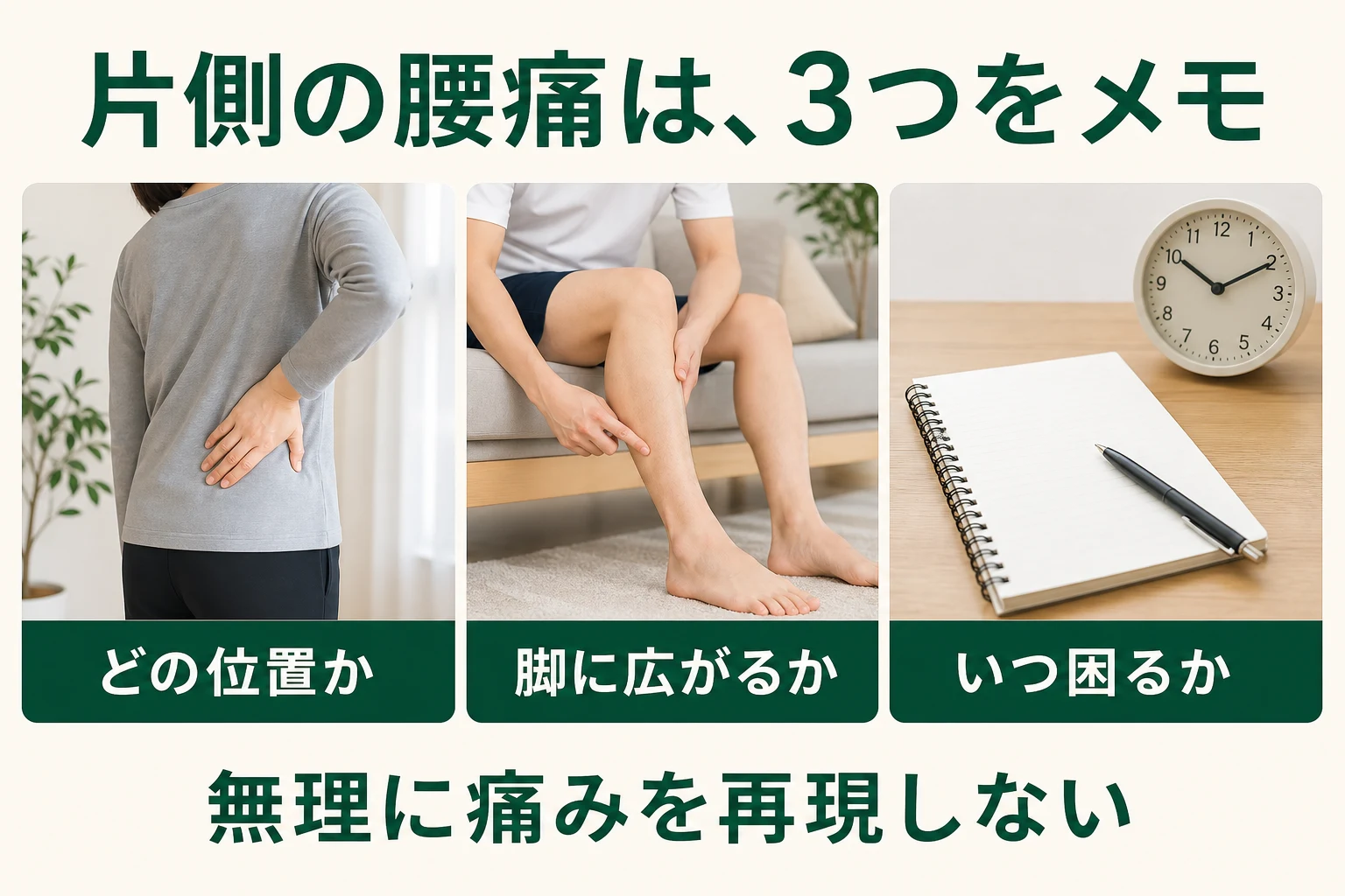 片側の腰痛は3つをメモ。どの位置か、脚に広がるか、いつ困るか。無理に痛みを再現しない。