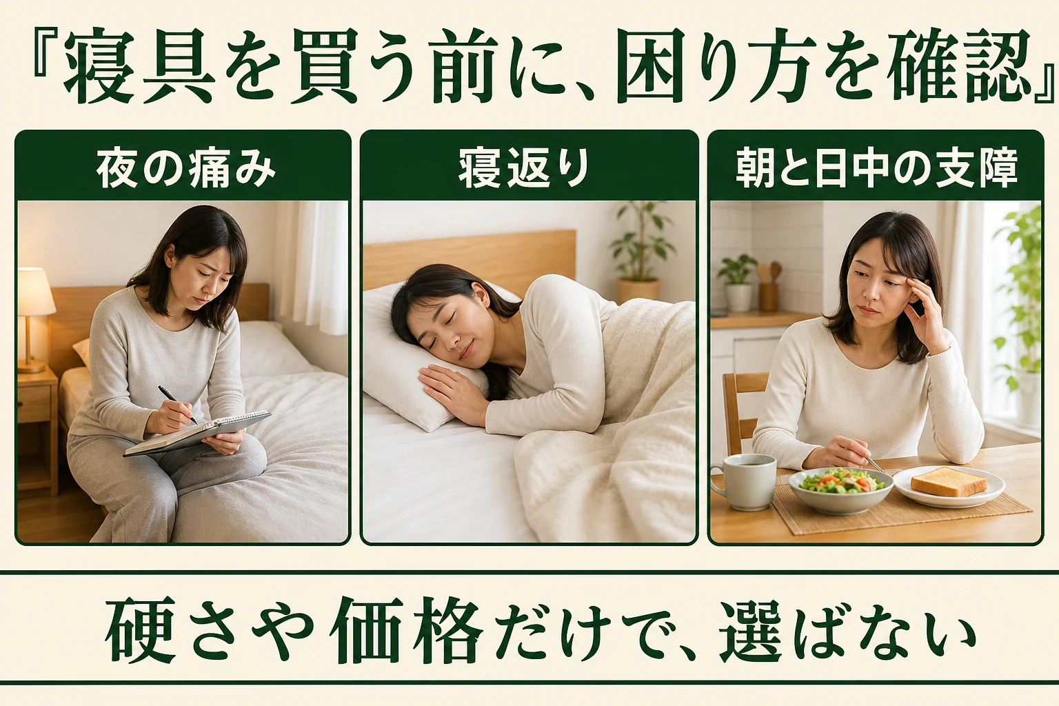 寝具を買う前に確認。夜の痛み、寝返り、朝と日中の支障。