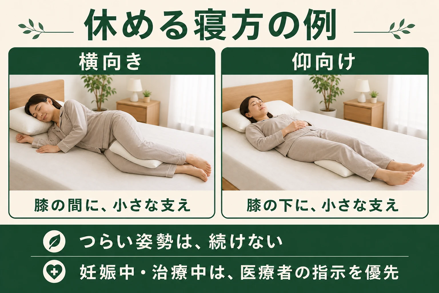 休める寝方の例。横向きは膝の間に支え、仰向けは膝の下に支え。つらい姿勢は続けない。