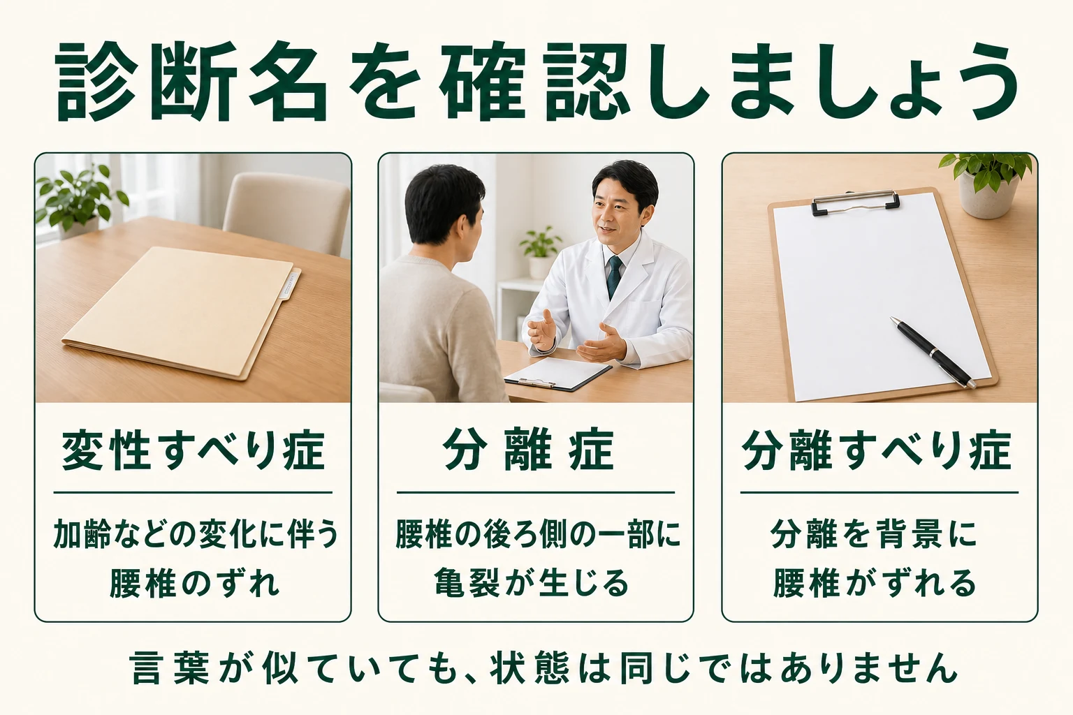 診断名を確認しましょう。変性すべり症、分離症、分離すべり症。言葉が似ていても状態は同じではありません。