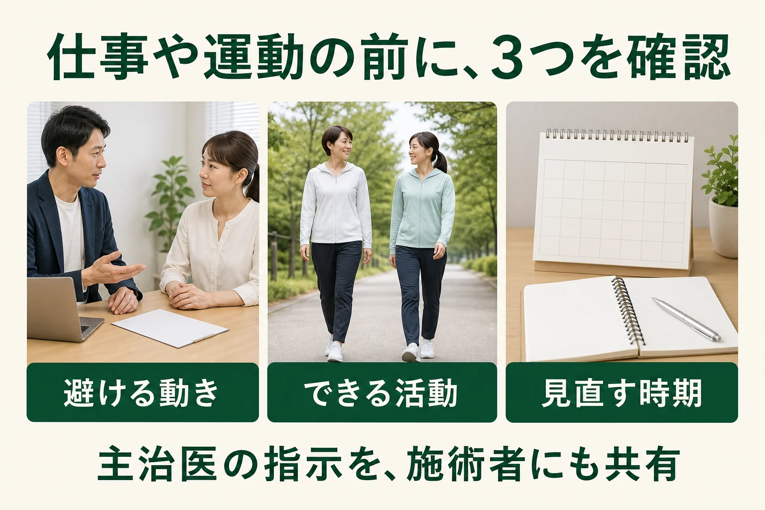仕事や運動の前に3つを確認。避ける動き、できる活動、見直す時期。主治医の指示を施術者にも共有。