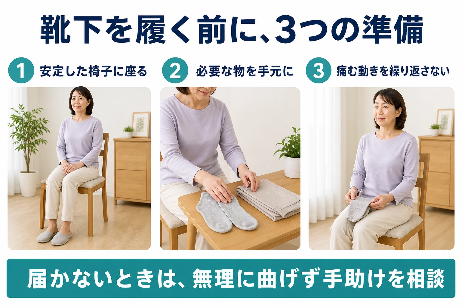 靴下を履く前に、3つの準備。1 安定した椅子に座る。2 必要な物を手元に。3 痛む動きを繰り返さない。届かないときは、無理に曲げず手助けを相談。
