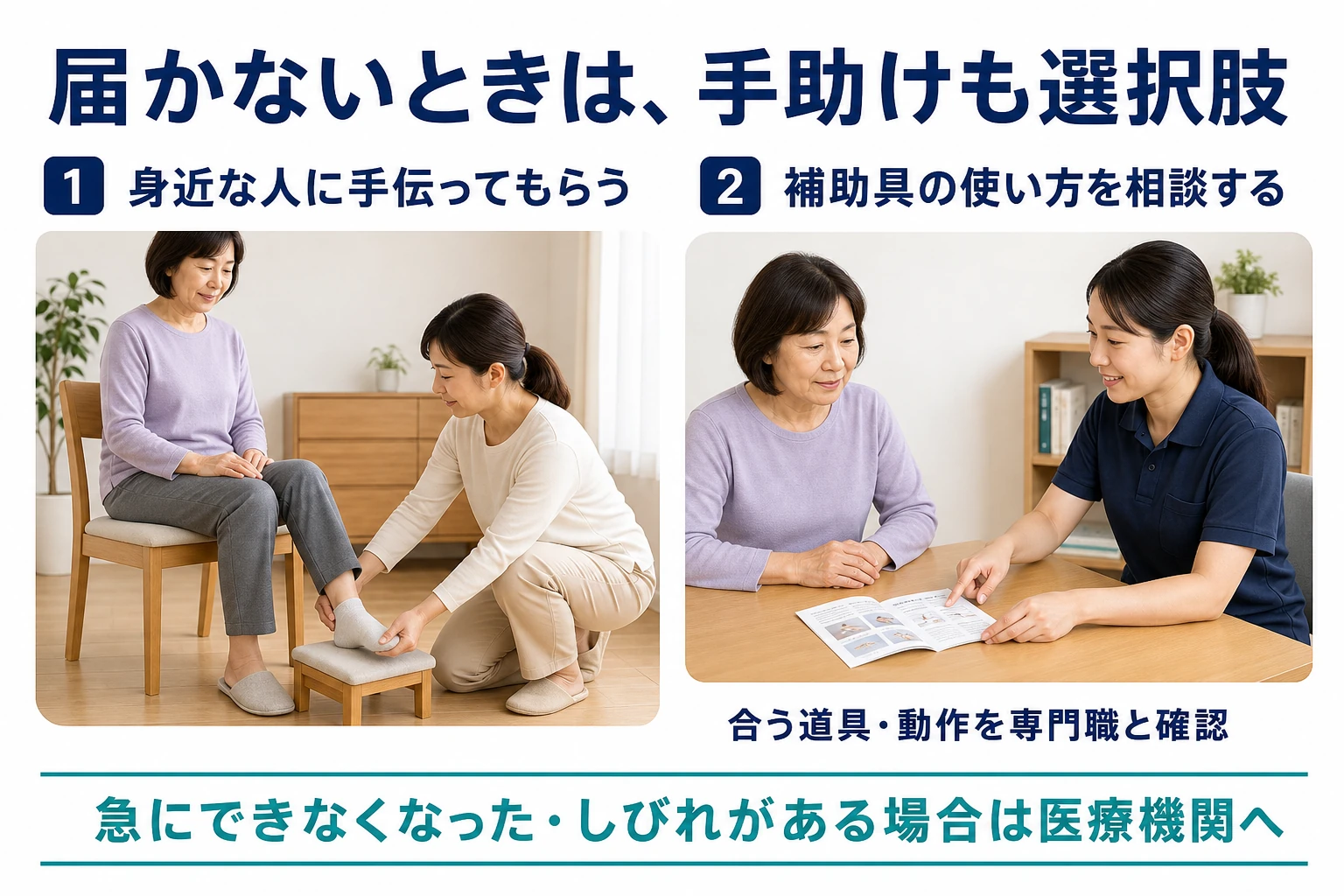 届かないときは、手助けも選択肢。1 身近な人に手伝ってもらう。2 補助具の使い方を相談する。合う道具・動作を専門職と確認。急にできなくなった・しびれがある場合は医療機関へ。