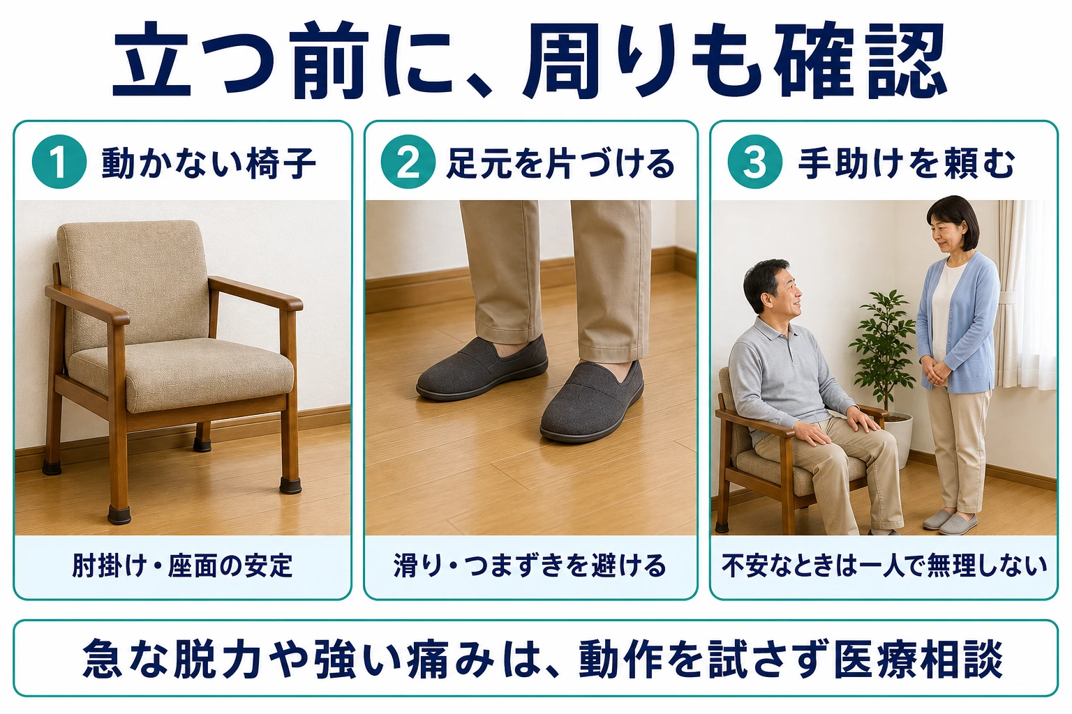 立つ前に、周りも確認。1 動かない椅子:肘掛け・座面の安定。2 足元を片づける:滑り・つまずきを避ける。3 手助けを頼む:不安なときは一人で無理しない。急な脱力や強い痛みは、動作を試さず医療相談。