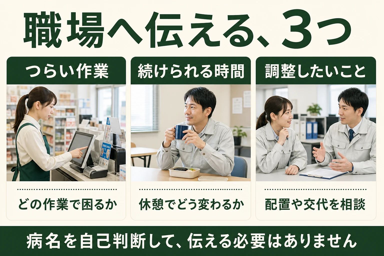職場へ伝える3つ。つらい作業、続けられる時間、調整したいこと。