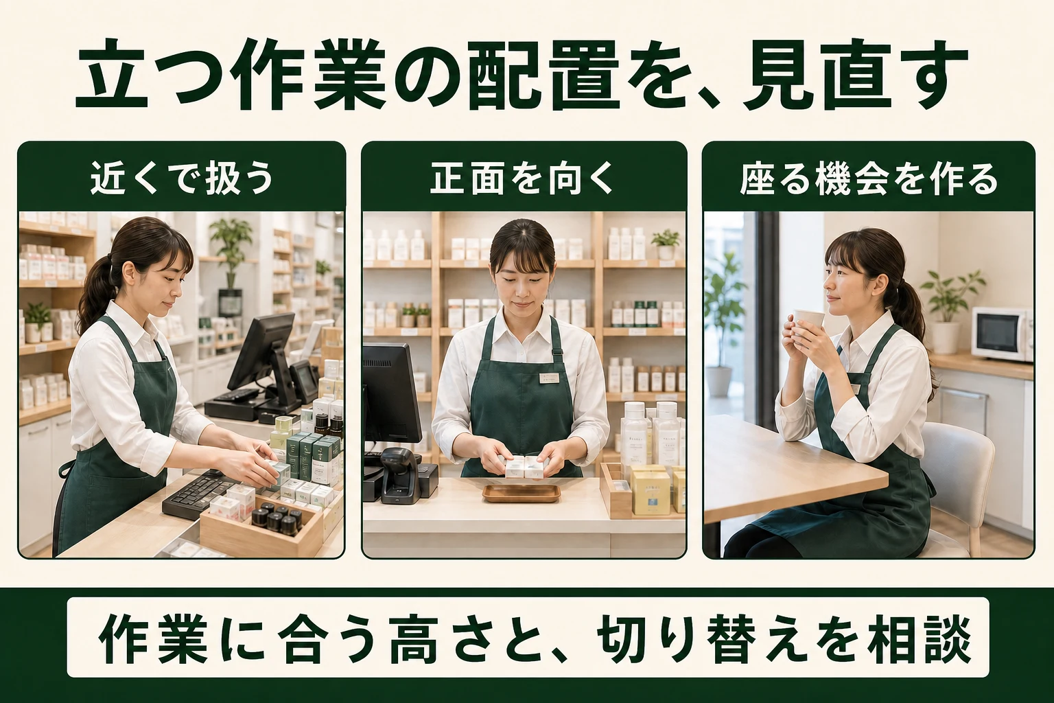 立つ作業の配置を見直す。近くで扱う、正面を向く、座る機会を作る。