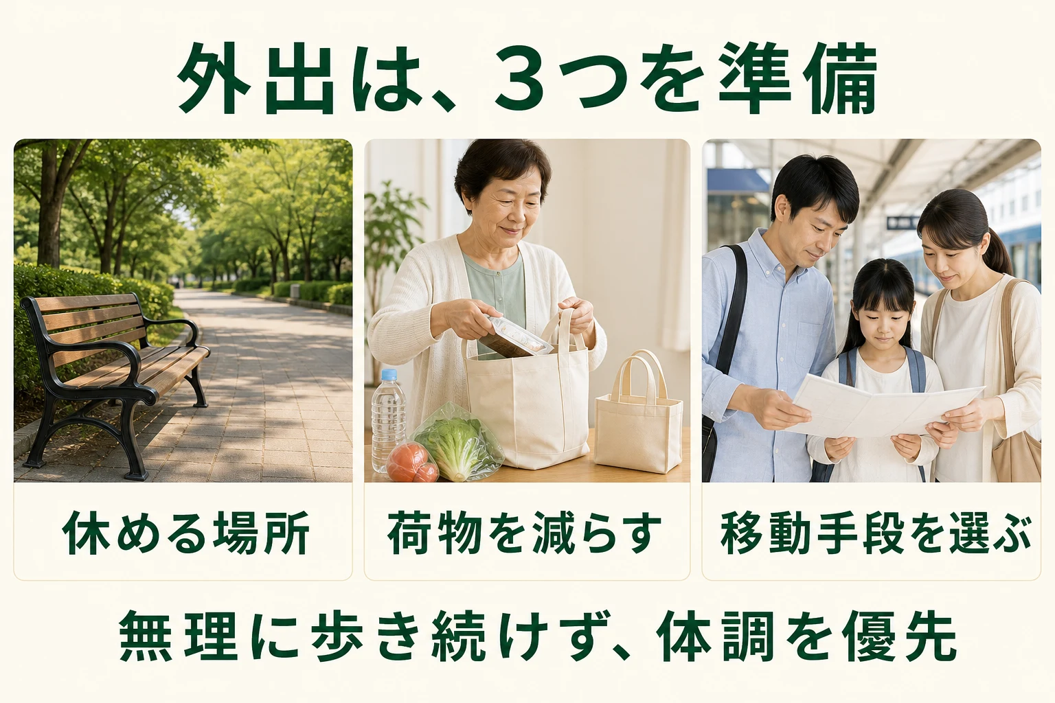 外出は3つを準備。休める場所、荷物を減らす、移動手段を選ぶ。無理に歩き続けず体調を優先。