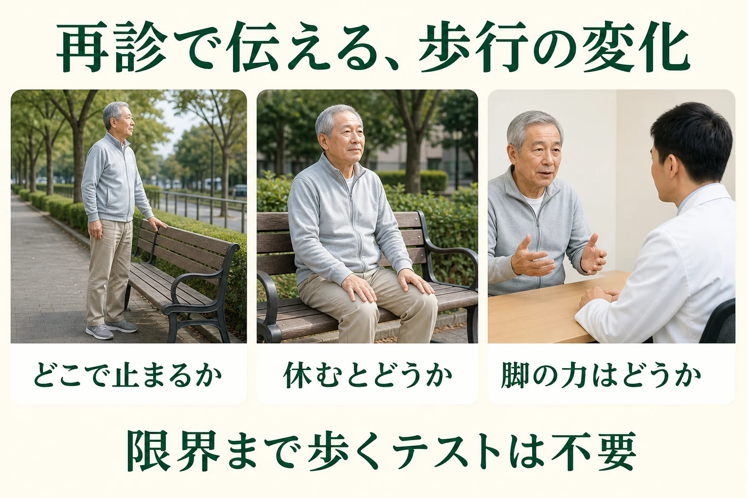 再診で伝える歩行の変化。どこで止まるか、休むとどうか、脚の力はどうか。限界まで歩くテストは不要。