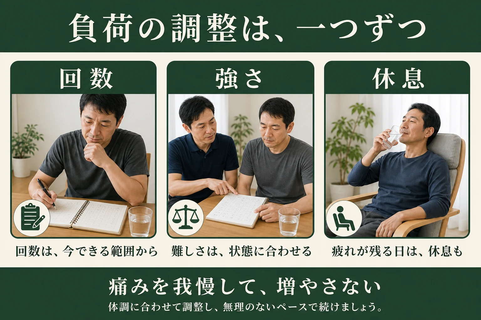 負荷の調整は一つずつ。回数、強さ、休息。痛みを我慢して増やさない。