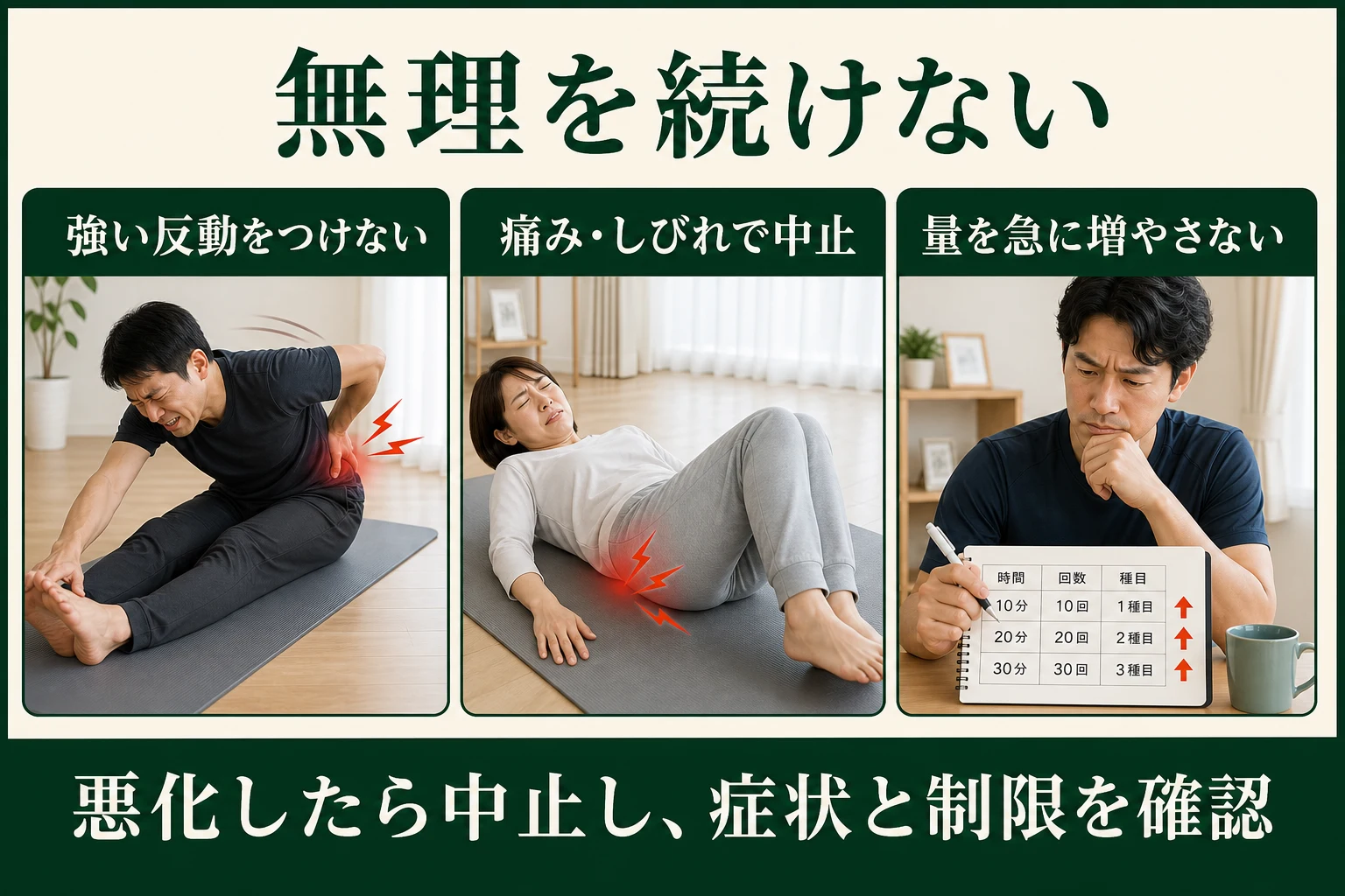 無理を続けない。強い反動をつけない、痛み・しびれで中止、量を急に増やさない。悪化したら中止し、症状と制限を確認。