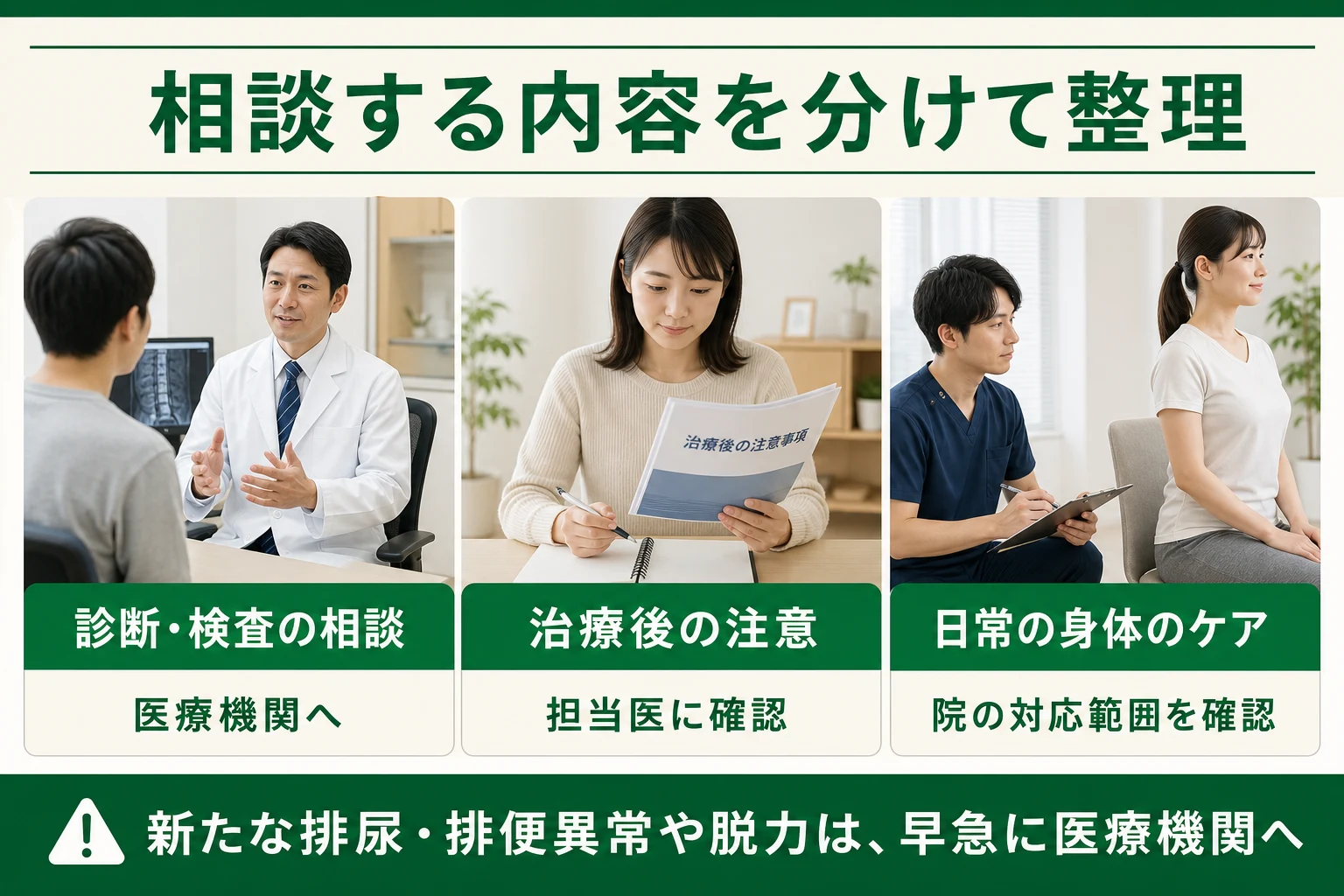 相談内容を分ける。診断・検査は医療機関、治療後の注意は担当医、日常の身体のケアは院の対応範囲を確認。