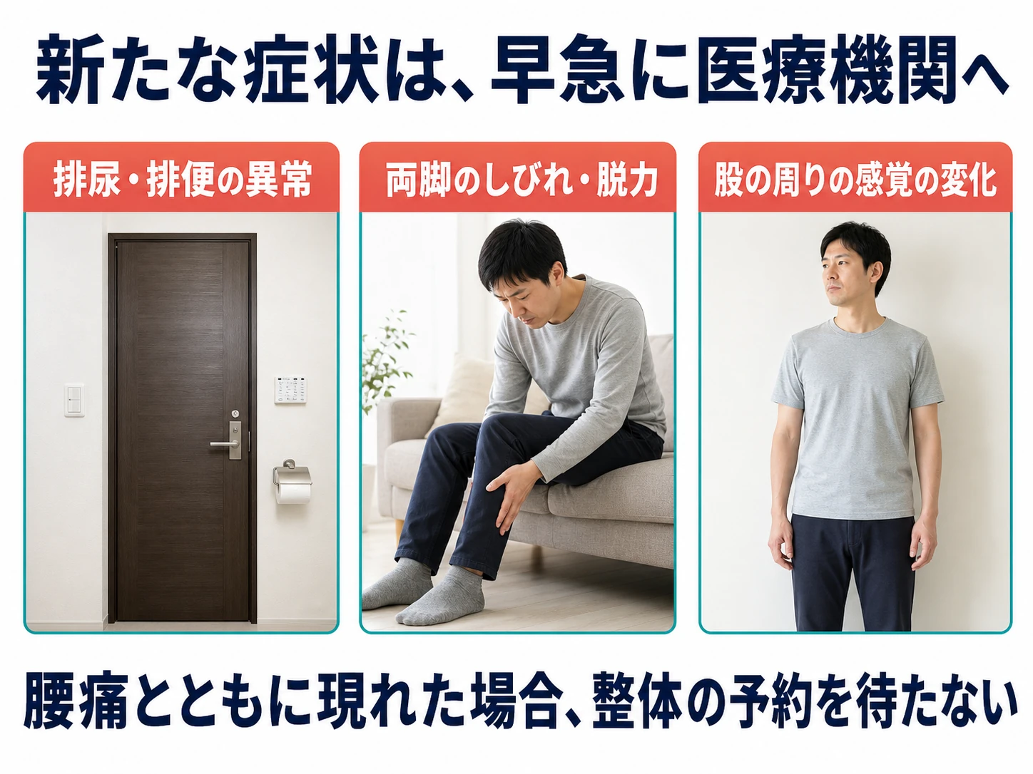 新たな症状は早急に医療機関へ。排尿・排便の異常、両脚のしびれ・脱力、股の周りの感覚の変化。腰痛とともに現れた場合、整体の予約を待たない。